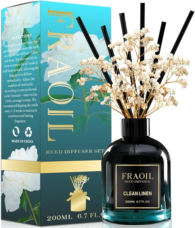 Clean Linen Reed Diffuser, Reed Diffuser Set 6.7 fl oz (200 ml) with 6 Reed Sticks, Home Fragrance Reed Diffuser for Bathroom Shelf House Bedroom Office Decor