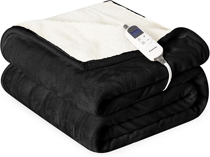 Heat Blanket 72”x84” Full Size,Soft Flannel & Sherpa Reversible Electric Blanket with 10 Heat Settings,12 Timer Setting and 8 Hours Auto-Shut Off,ETL Certified Machine Washable,Black
