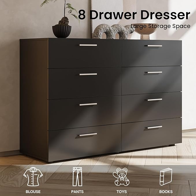 Karl home 8 Drawer Dresser, Wood Black Vanity Drawer Cabinet, Bedroom Storage Cabinet TV Stand, Large Dresser Storage Chest with Deep Drawers, Bedroom Furniture