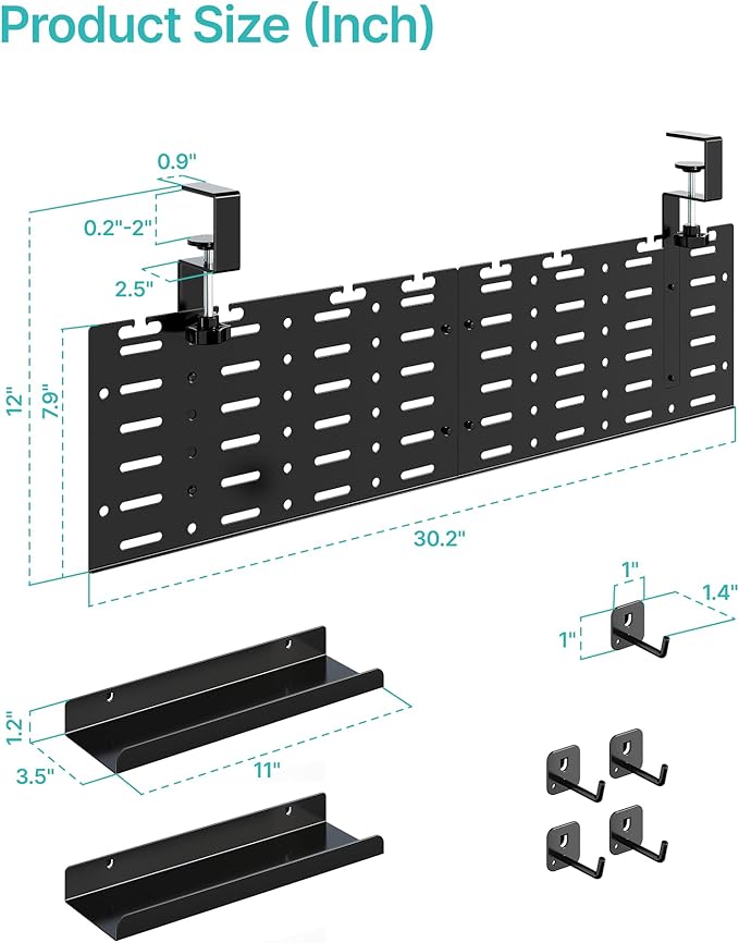 Under Desk Cable Management Tray, 30.2" Vertical Metal Pegboard Organizer for Power Strip, Cables, Clamp On Cord Organizer Rack with Hooks, Trays & Cable Straps for Home Office, Black