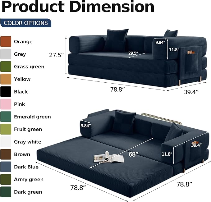 78.8" Convertible Futon Sofa Bed,Corduroy Futon Couch with Storage Pocket,Folding Pull Out Sofa,No Assembly Boneless Couch for Living Room,Navy