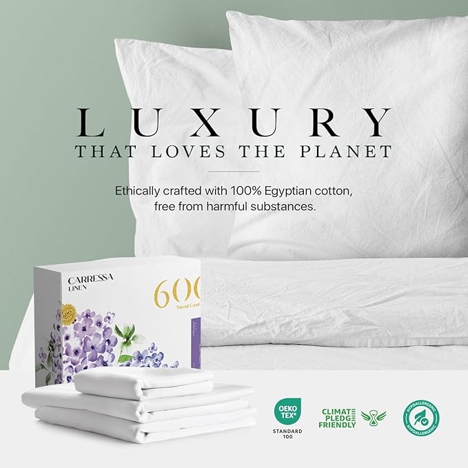 Carressa Linen 100% Egyptian Cotton Twin XL Sheets Set - 600 Thread Count Luxury Egyptian Cotton Sheets Twin XL Size (3 PC, Crisp White), 16" Deep Pocket, Soft, Cooling, Sateen Weave Dorm Room Bedding