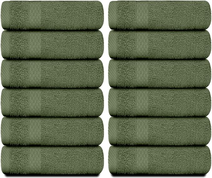 White Classic Luxury Cotton Washcloths 13x13 Inch - 650 GSM Turkish Cotton | Hotel, Spa, Bathroom Face Towel | 12 Pack, Forest Green