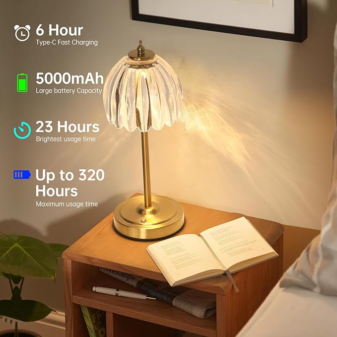 Tulip Table Lamp with 5000mAh Battery & Touch Control, Cordless Small Table Lamp with 3 Colors, Dimmable Rechargeable Table Lamps for Living Room, Bedroom, Desk, Bedside (Transparent Tulip)