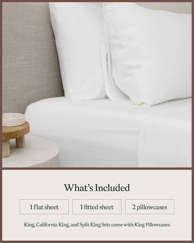 Cozy Earth Luxury Bed Sheet Set - 100% Viscose from Bamboo Fabric, Ultra-Soft & Breathable, Fits Regular & Deep Pocket Mattresses up to 20" - 4 Pieces King Sheet Set White