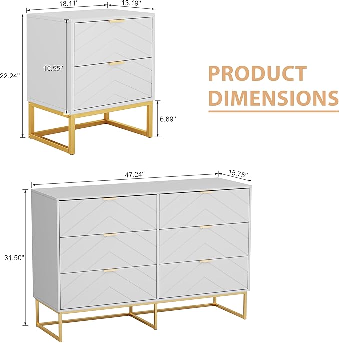 Anbuy 3 Pieces Bedroom Sets 6 Drawer Dresser and Nightstand Sets for Bedroom, Night Stand Set of 2 & 6 Drawer Dresser with Gold Handles, Morden Wood Chest of Drawers Storage Cabinet Set, White
