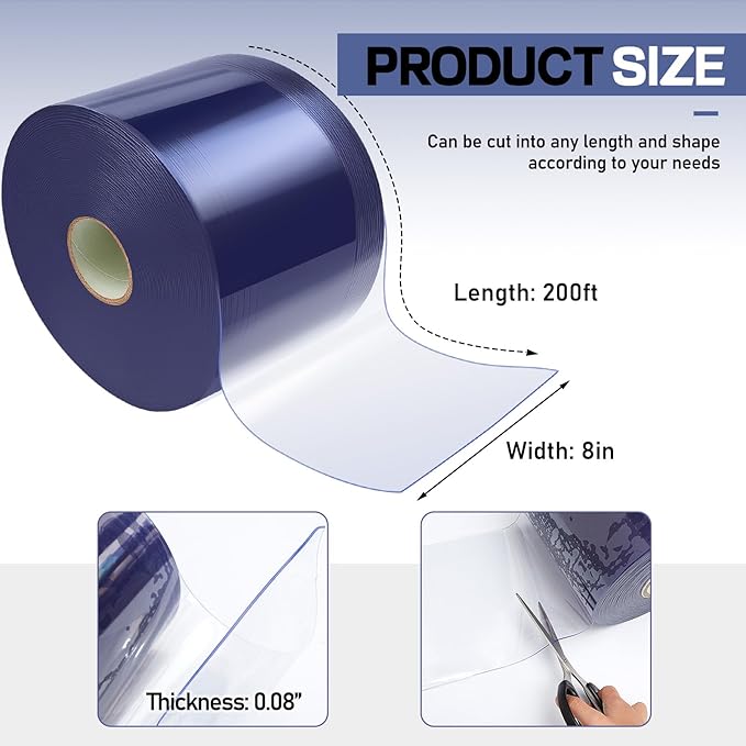 Moukeren Plastic Door Curtain for Winter 200 ft x 8 Inch Thermal Insulated Garage Door Strip Curtains Smooth Waterproof Clear PVC Strip Curtain for Warehouse Freezer, 0.08" Thickness(Classic)