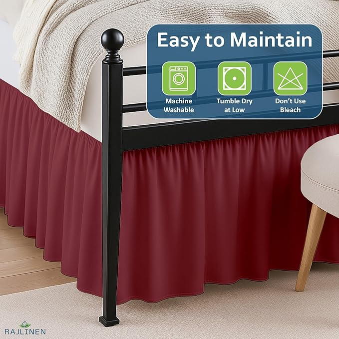 Rajlinen Ruffled Bed Skirt Twin XL, 15 Inch Drop Dust Ruffle with Split Corners, 100% Microfiber Bedskirt with Platform, Three-Sided Coverage Ruffled Gathering Design, Burgundy