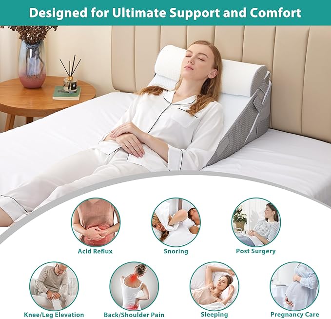 Bedluxe Wedge Pillow Headboard, 3PCS Orthopedic Bed Wedge Pillows Set for After Surgery, Adjustable Pillow Wedge for Acid Reflux&Back Pain Relief, Sleeping, Back Pillow for Bed Sitting Up, White/Grey