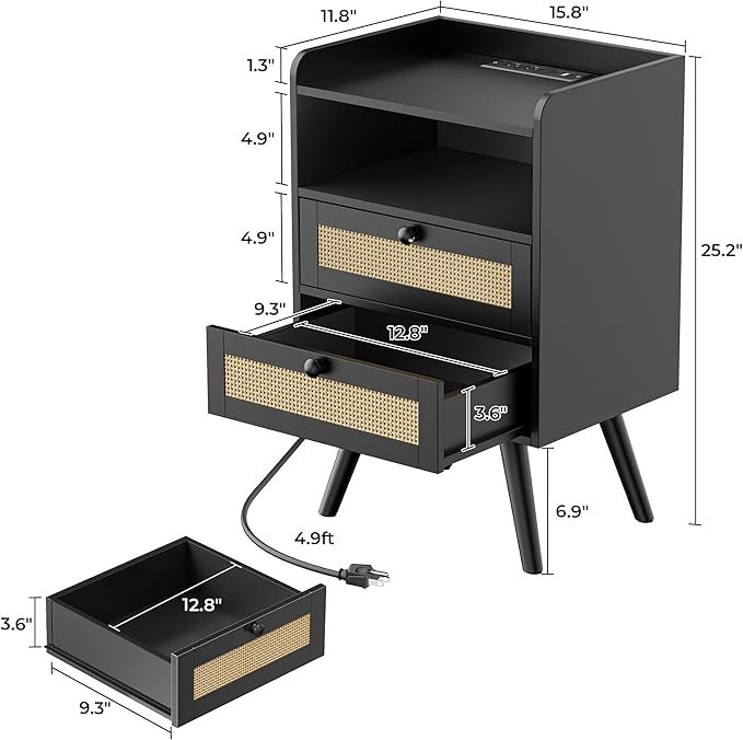 SUPERJARE 2 Drawer Night Stand with Charger Station, Boho Rattan Nightstand Set of 2, 25.2 Inch Tall Bed Side Table with Solid Wood Feet, End Table, Open Storage, Synthetic Rattan, for Bedroom, Black