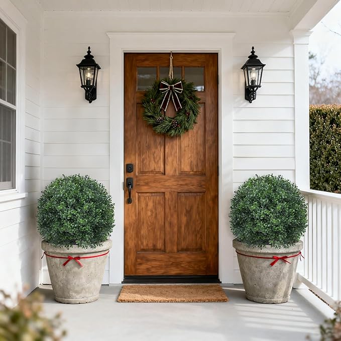 Artificial 23" Boxwood Topiary Trees with Ground Spike,2 Pieces Fake Pine Shrubs Bushes, UV Resistant Faux Evergreen Cypress Tree Plants for Indoor Outdoor Planters Front Porch