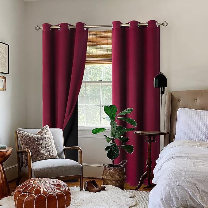 BGment Thermal Insulated 100% Blackout Curtains for Bedroom with Black Liner, Double Layer Full Room Darkening Noise Reducing Grommet Curtain (42 x 84 Inch, Burgundy Red, 2 Panels)