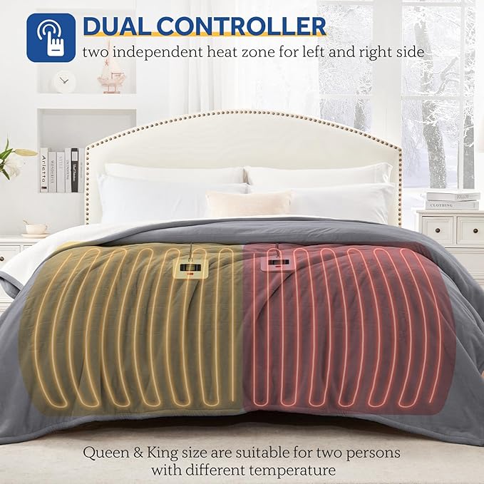 SEALY Electric Blanket King Size, Flannel & Sherpa Heated Blanket with 10 Heating Levels & 1-12 Hours Auto Shut Off, Fast Heating Warming Blanket, Machine Washable, Light Grey, 100 x 90 Inch