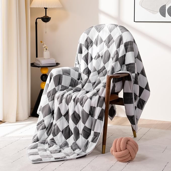 Wemore Flannel Fleece Weighted Blanket for Adult Queen Size 20 lbs, Dual Sided Luxurious Checkerboard Grid Heavy Blankets, Ultra Soft Throw Blanket, Plaid Grey, 60 x 80 inches