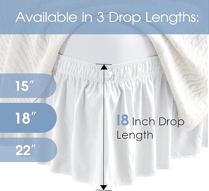 FreshCulture King Bed Skirt, Dust Ruffle for King Size Bed, Easy Fit with 18-Inch Tailored Drop, Elastic Wrap Around Bed Skirt King Size, Hotel Quality Bed Skirts for Adjustable Bed (White)