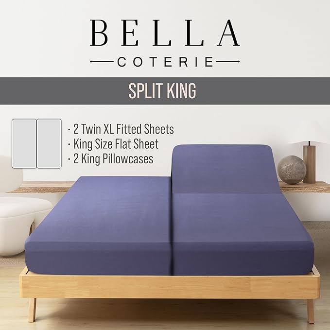 Bella Coterie Luxury Bamboo Viscose Split King Size Sheet Set | 2 Fitted Sheets for Sleep Number & Adjustable Beds | 100% Organically Grown | Cooling & Ultra Soft | 18” Deep Pocket [Twilight Blue]