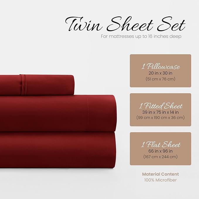 Linen Market Brushed Microfiber Twin Sheet Set 3 Piece – Oeko-TEX Certified Ultra Soft & Wrinkle-Free - 16" Deep Pocket Sheets - Easy Care Twin Size - Burgundy