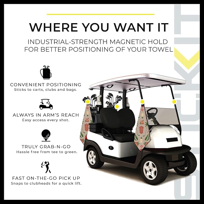 STICKIT Magnetic Sandy Tiki Golf Towel | Top-Tier Microfiber Golf Towel with Deep Waffle Pockets | Industrial Strength Magnet for Strong Hold to Golf Carts or Clubs