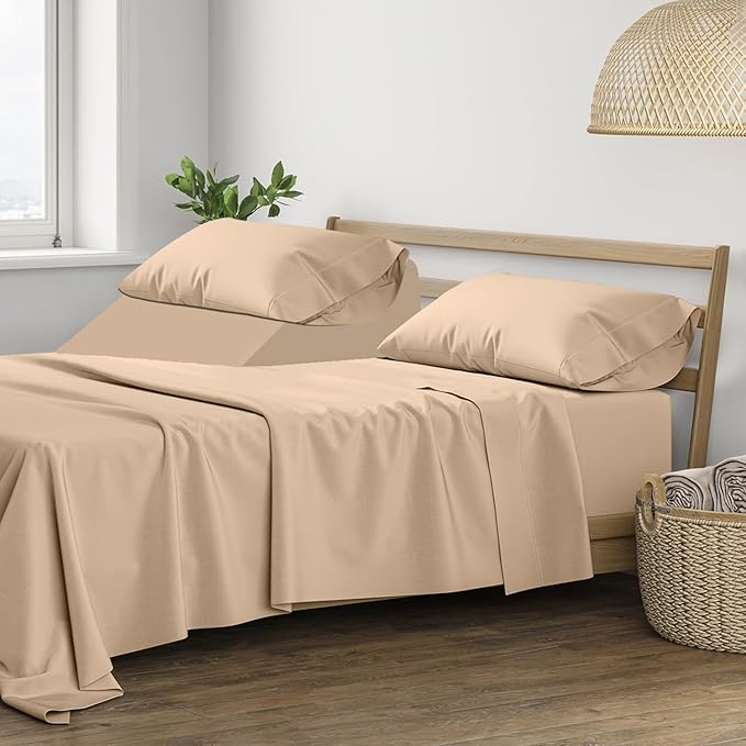 THREAD SPREAD 100% Cotton Split King Sheets for Adjustable Bed - 400 Thread Count 5 PC Sateen Split Sheet Set, Soft, Breathable Cooling Cotton Sheets, 16" Deep Pocket Split King Sheet (Taupe)