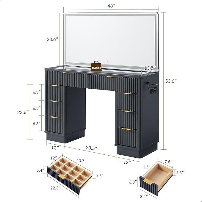 T4TREAM 48" Fluted Makeup Vanity Desk with Large Led Lighted Mirror, Modern Vanity Table with 8 Drawers & Charging Station, Glass Top Dressing Table for Bedroom, Dark Grey