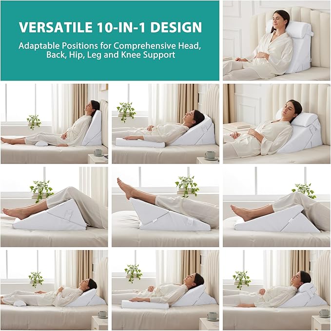 Bedluxe 3Pcs Orthopedic Bed Wedge Pillow Set, Foam Wedge Pillow Post Surgery for Back, Leg and Knee Support, Adjustable 9&12 Inch Folding Triangle Pillow for Sleeping, Acid Reflux, Snoring, White
