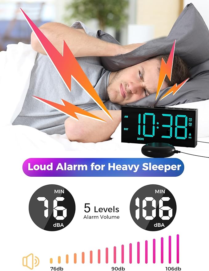 PPLEE RGB Bed Shaker Alarm Clock for Heavy Sleepers, Loud Vibrating Digital Clock with Dual Alarms, 3 Wake Modes, Weekday Display, Bedside USB Charger, Battery Backup, Dimmable for Kids Teens Seniors