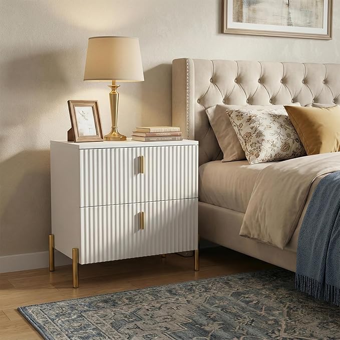 Luxury Fluted Night Stand Set of 2, Nightstand with 2 Drawers, Modern Bedside Table with Golden Legs and Handles, End Tables for Living Room Bedroom, White