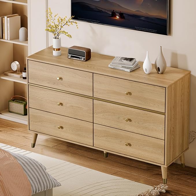 6 Drawer Dresser,47" Wide Mid Century Modern Chest of Drawers,Wooden Bedroom Drawer Dresser with 6 Storage Drawers for Bedroom,Living Room,with Anti-Tipping Device,Wood