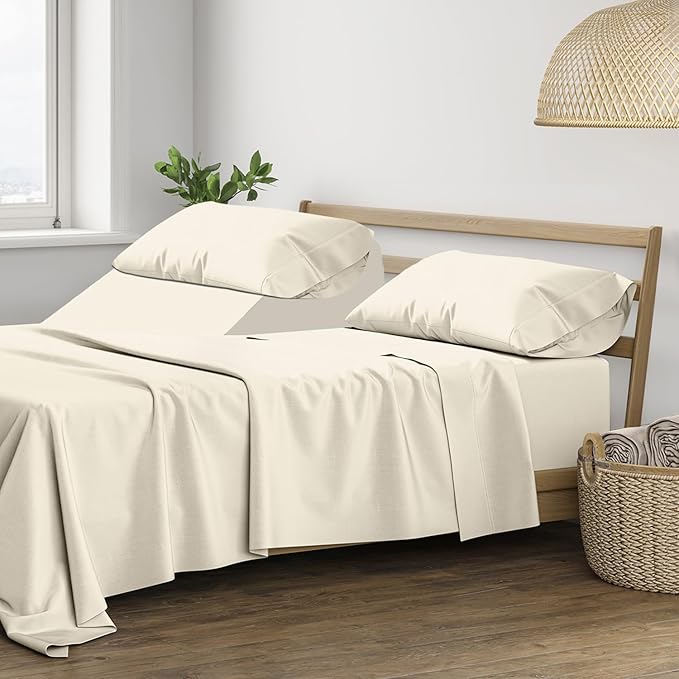 THREAD SPREAD Split King Sheets Sets for Adjustable Bed - 400 Thread Count 5 PC Sateen Split Sheet Set, Cooling Cotton Sheets, 2 Twin-XL Fitted Sheets, 16" Deep Pocket Split King Sheet (Ivory)