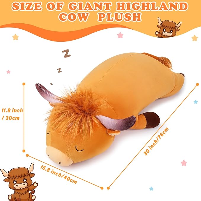 Auspicious beginning 30'' Giant Highland Cow Plush Stuffed Animal-Cute Highland Co Plush Body Pillow Plushies, Large Sleeping Soft Stuffed Animal Big Plushie Toy, Birthday Gifts for Kids Girls Boys