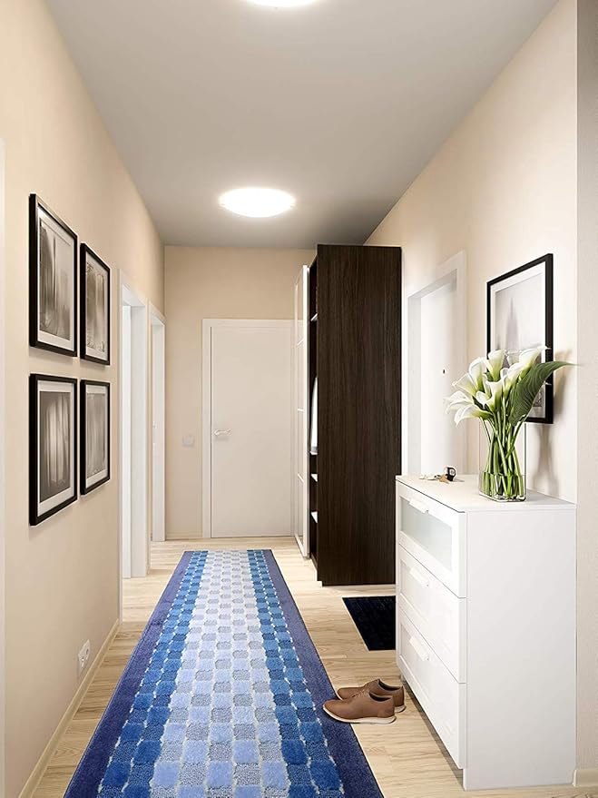 Custom Length Hallway Runner Rug,Slip Resistant,Checkered Blue, 26 Inch X 17 feet, Sold and Priced Per Foot