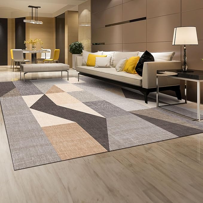 HOMFINE Washable Modern Area Rug - Geometric Style 5x7 Rugs for Living Room, Bedroom, Machine Washable Rug Soft Non Slip Non Shedding Area Rug - Grey Brown, 5'x7'