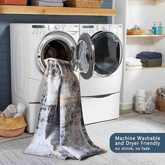 4x6 Rug, Small Area Rug for Living Room, Bedroom, Kitchen, Machine Washable Non-Slip Throw Rug, Modern Abstract Carpet for Entryway Nursery Coffee Table - Durable (Yellow)