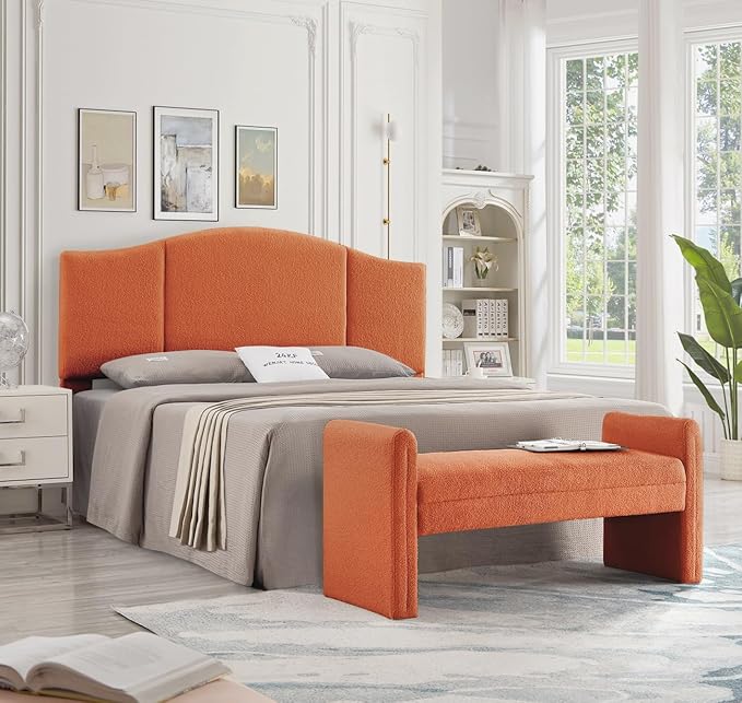 24KF Modern Upholstered Bed Bench Covered with Soft Boucle Teddy Fabric, Lovely Entryway Bench Ottoman with Armrest, 5062-Orange