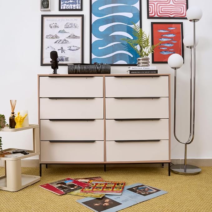 Lira Premium Fabric Dresser - Solid Wooden Frame, 8 Spacious Sag-Proof Drawers with Sleek Metal Handles - Premium & Durable Storage Solution for Your Home (Light Brown)