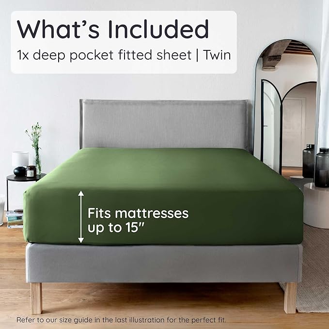 Bambaw 100% Viscose Derived from Bamboo Fitted Sheet Twin Size, 15’’ Deep Pocket Twin Fitted Sheet Only with Corner Straps, Cooling, Breathable & Soft (Olive)
