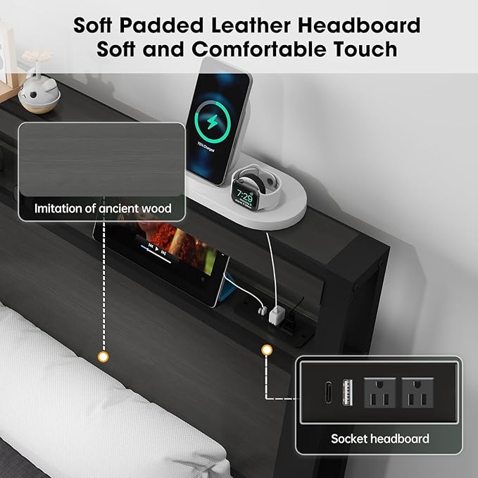 King Bed Frame with Storage Headboard and 4 Drawers, Metal Platform Bed Frame with LED Light, Charging Station, No Box Spring Needed, Noise Free, Easy Assembly,Charcoal Grey