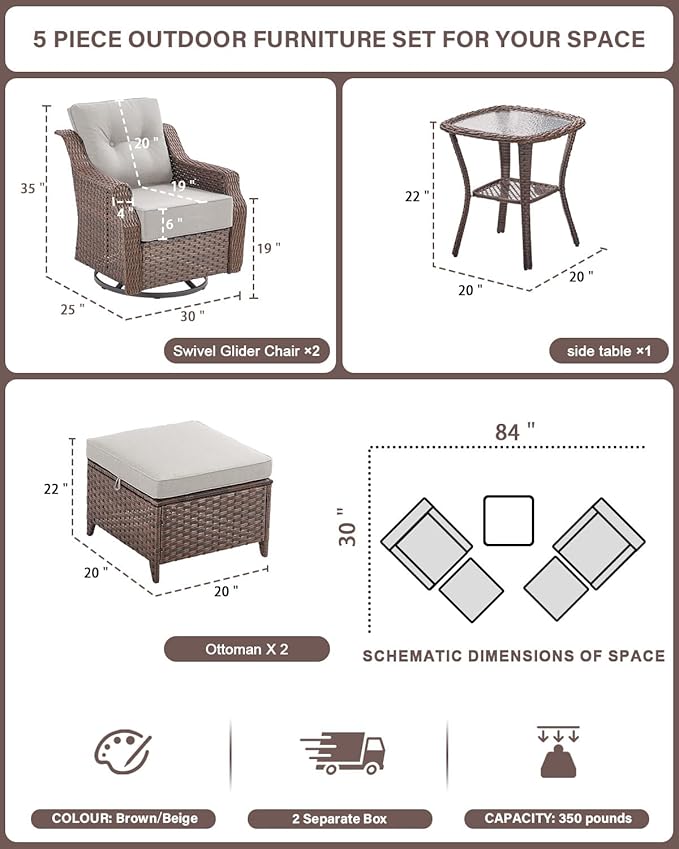 Belord 5 Piece Wicker Patio Furniture Set with Ottoman - High Back Outdoor Swivel Rocker Glider Chairs with Glass Top Side Table,28D High-Density 6" Removable Blue Cushion for Deck Porch Backyard