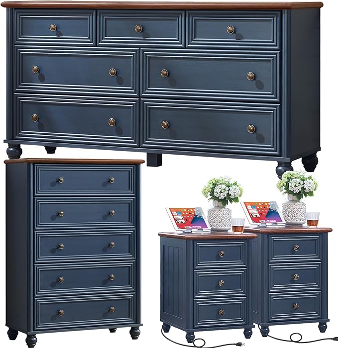 Farmhouse Dressers & Night Stand Set of 4, Wood 54" Wide Dresser & 45" Tall Chest of Drawers, 18" with Charging Station Nightstand Set of 2, Bedroom Furniture Dresser Set for Home Living Room Hallway