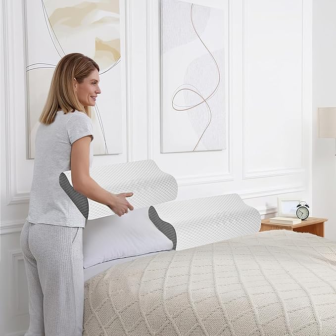 2 Pack Memory Foam Cooling Bed Pillows for Sleeping, Ergonomic Cervical Pillow for Neck and Shoulder Pain Relief, Adjustable Cold Pillow Set of 2,with Pillowcase（Grey）