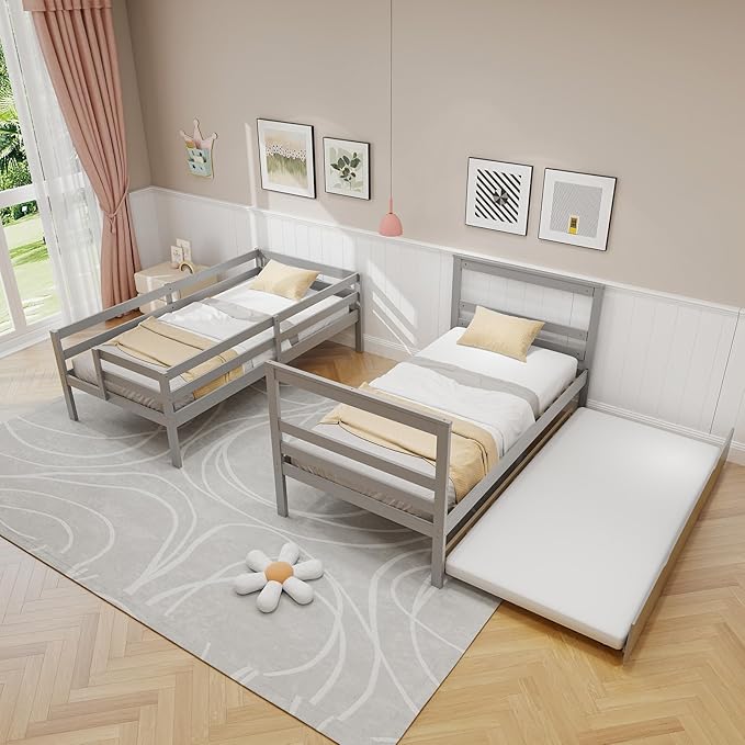 KOTEK Twin Over Twin Bunk Bed with Trundle and Stairs, Solid Wood Bunk Bed Frame with Storage Shelf, Bunk Beds Detachable into 2 Platform Beds for Kids Teens Adults (Grey)