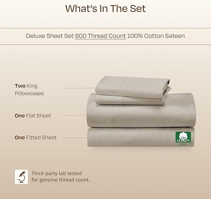 California Design Den Cal King Sheet Set Cotton - Luxury 800 Thread Count, 100% Cotton Sateen - California King Sheets Deep Pockets Bedding Set - Beige