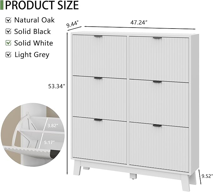 Shoe Cabinet with 6 Flip Drawers, 54" Tall Narrow Fluted Shoe Storage Organizer for Entryway, Hidden Slim Wooden Shoe Rack Cabinet for Front Door Entrance, Hallway, Living Room, Solid White