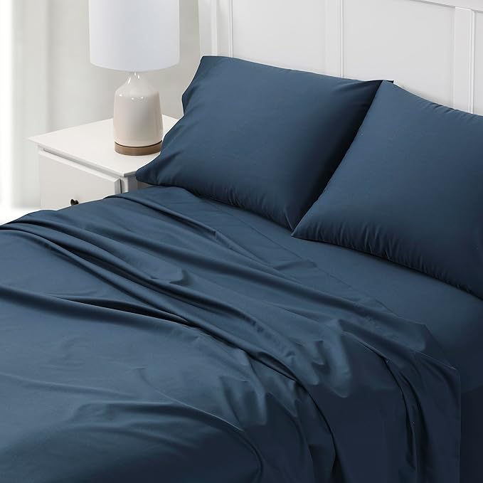 Cuddledown Dreamstead 100% Cotton Bed Sheets Set | 300 Thread Count | Luxurious Sateen Weave | Pure Combed Cotton | Soft | Wrinkle Resistant | 4 Piece Set | Navy | Queen | 60” x 80”