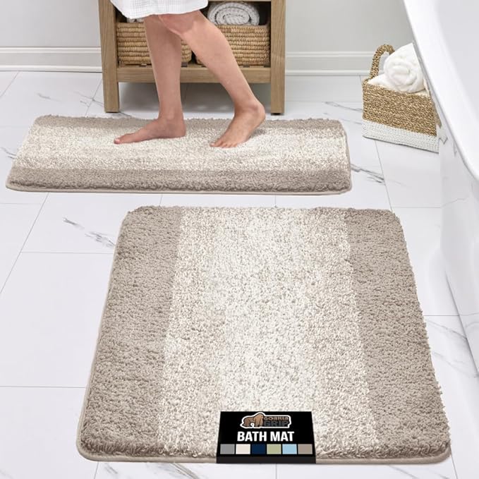 GORILLA GRIP Ultra Soft Plush Bathroom Rugs with Rubber Backing Set of 2, Absorbent Quick Dry Bath Mat, Machine Washable Shower Mats, Home Décor Accessories Bathmat Rug, 24x16 and 30x18 Beige