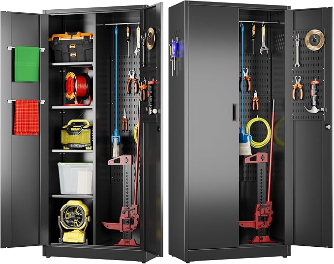 31.53 in Wide Garage Storage Cabinet, Metal Storage Cabinet with Pegboards and 4 Adjustable Shelves, Garage Storage System with Lockable Door for Offices, Gyms and Pantries, Black