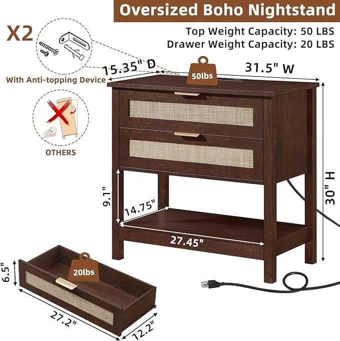 LEYAOYAO 31.5" Wide Rattan Night Stand, Large Boho Nightstand, Bedside Table with Storage, Tall Bed Side End Tables, Chest of Drawers for Bedroom, Living Room, Hallway（Walnut,2 Drawers with Charger,2）
