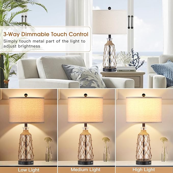 25.5" Coastal Glass Table Lamps Set of 2, 3-Way Dimmable Touch Control Bedside Lamps with 2 USB Ports and AC Outlet, Clear Nautical Nightstand Lamp for Bedroom Living Room (LED Bulbs Included)