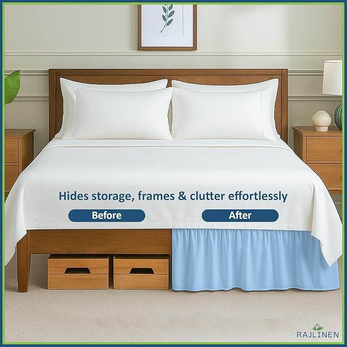 Rajlinen Ruffled Bed Skirt Queen, 14 Inch Drop Dust Ruffle with Split Corners, 100% Microfiber Bedskirt with Platform, Three-Sided Coverage Ruffled Gathering Design, Light Blue