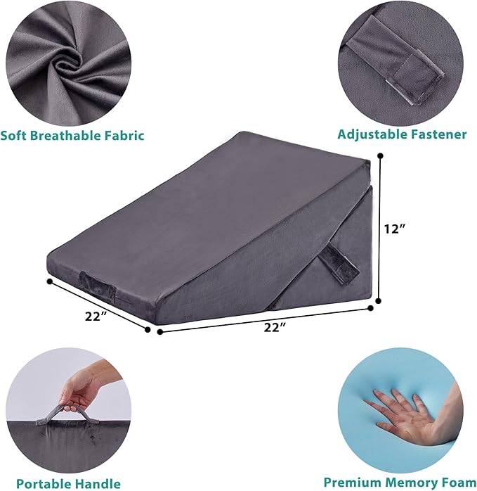 Bedluxe Wedge Pillow for Sleeping, Adjustable 9&12 Inch Foldable Bed Wedge Pillow Set, Orthopedic Memory Foam Triangle Pillows Wedge, 7-in-1 Elevated Pillows for Leg and Back Support, Velvet